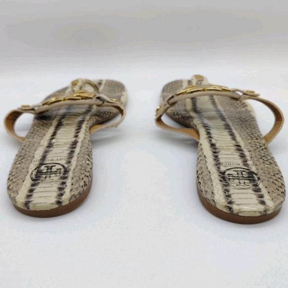 Tory Burch Miller Thong Sandals Womens 6.5 Snakeskin Print Gold Logo Flip Flops - Picture 4 of 8